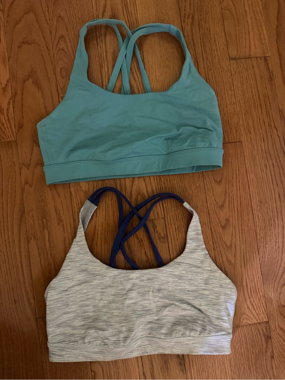 2 Lululemon Energy Sports Bras - teal + light grey and navy